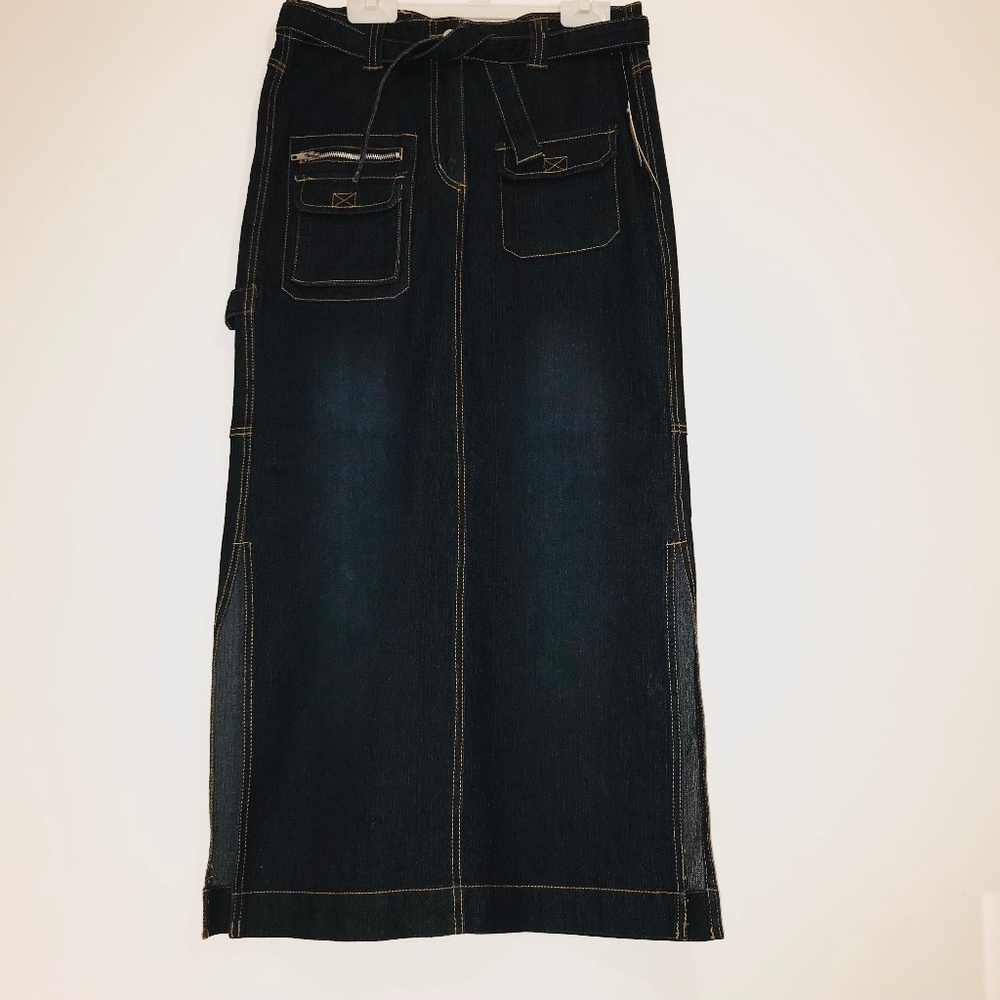 NWT Zoey Beth Denim Maxi Skirt Side Slits Utility Cargo Belted Jean Vintage Y2K